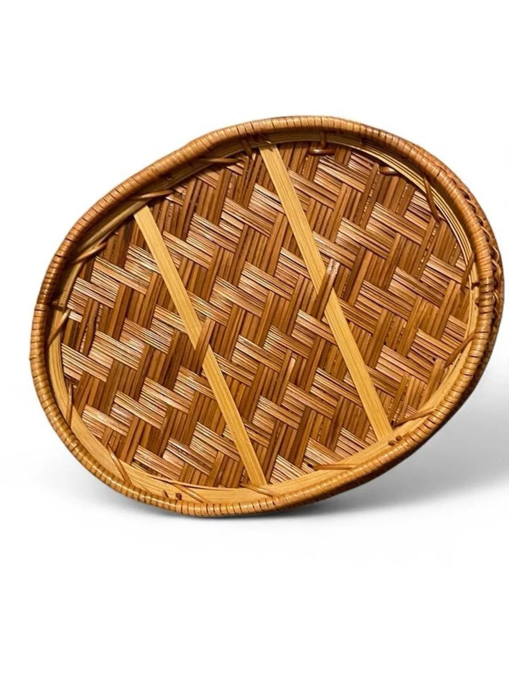 Vintage Wood Wicker Oval Basket Tray Herringbone Weave